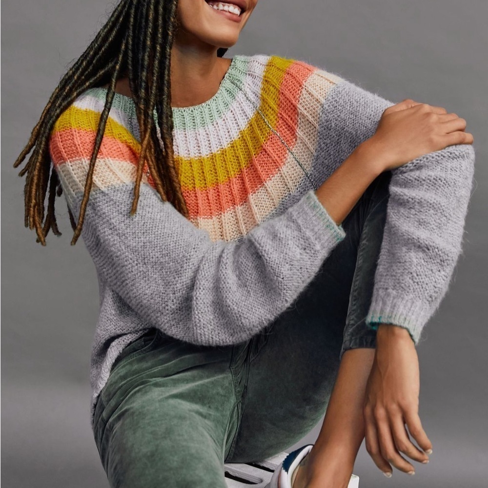 NWT new Anthropologie Colleen sweater large petite LP gray rainbow shimmer